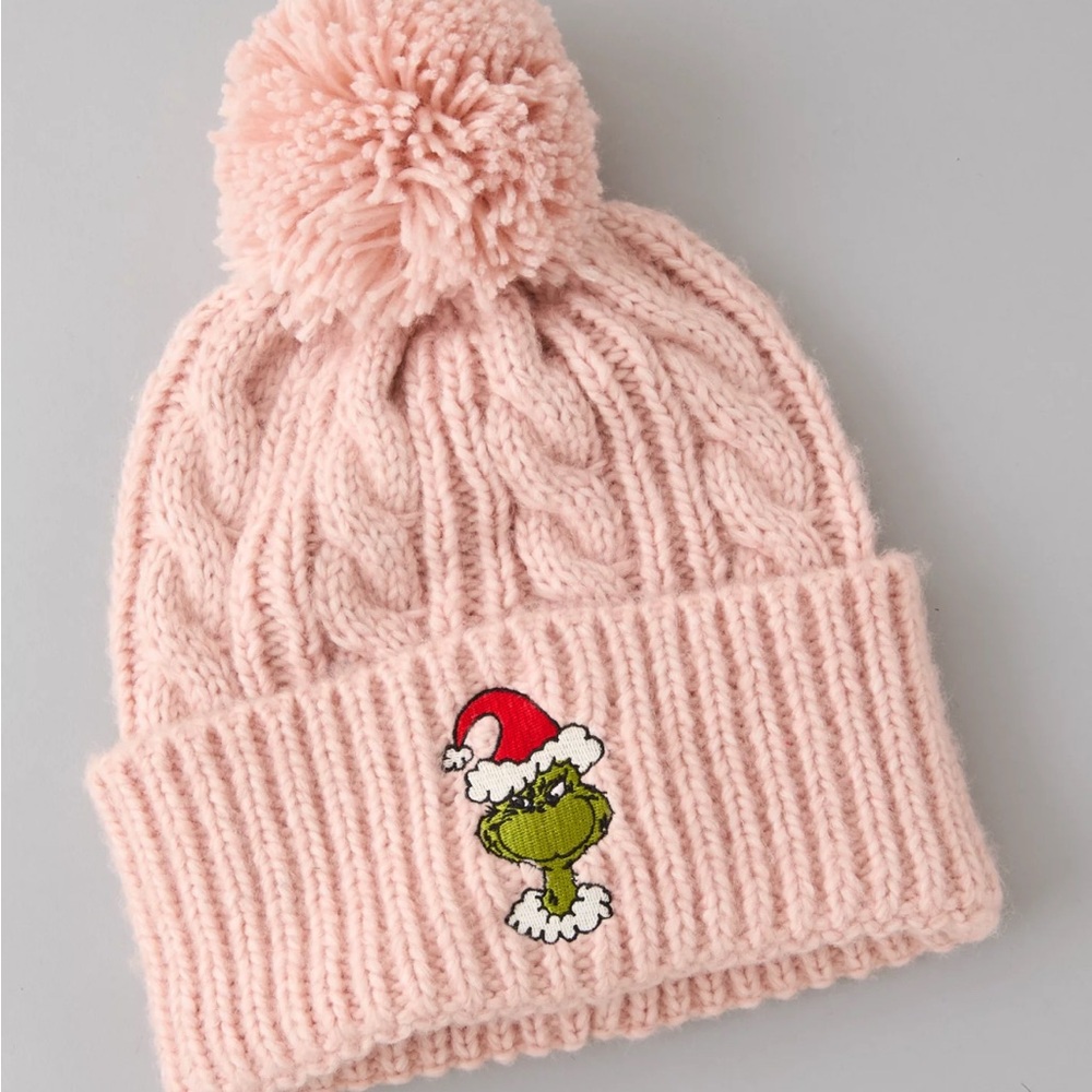 American Eagle Pink Knit Pom-Pom Beanie with Embroidered Grinch hat